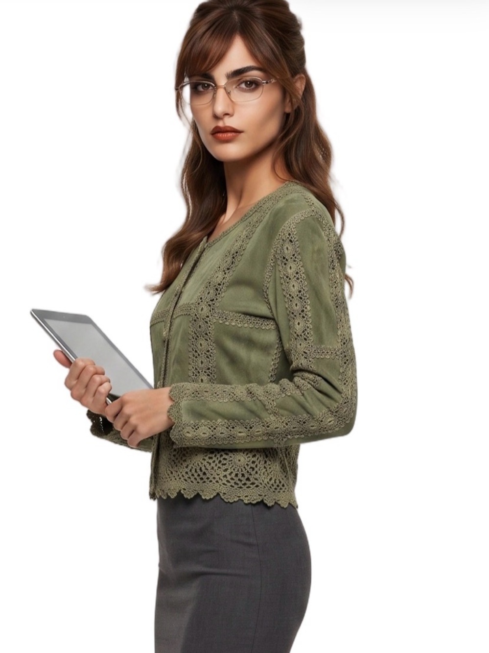 VINTAGE Green Suede Crochet Button front Cardigan Sweater Crew neck Longsleeve
